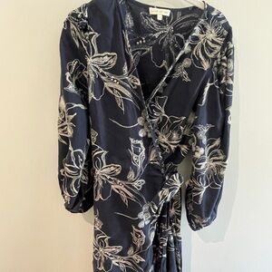 ANN MASHBURN Navy and White Embroidered Long Sleeve Wrap Dress size M